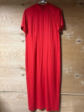 Vintage Classic Linen Blend Red Short-Sleeve Cheongsam-Style Maxi  Dress